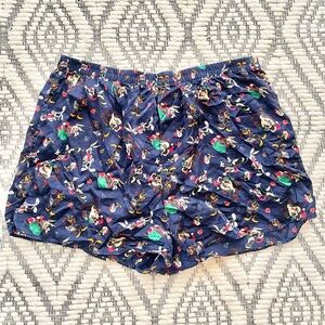 Looney Tunes X-Mas Blue Silk Boxer Pajama Shorts Taz Tweety Bird Wile E Coyote